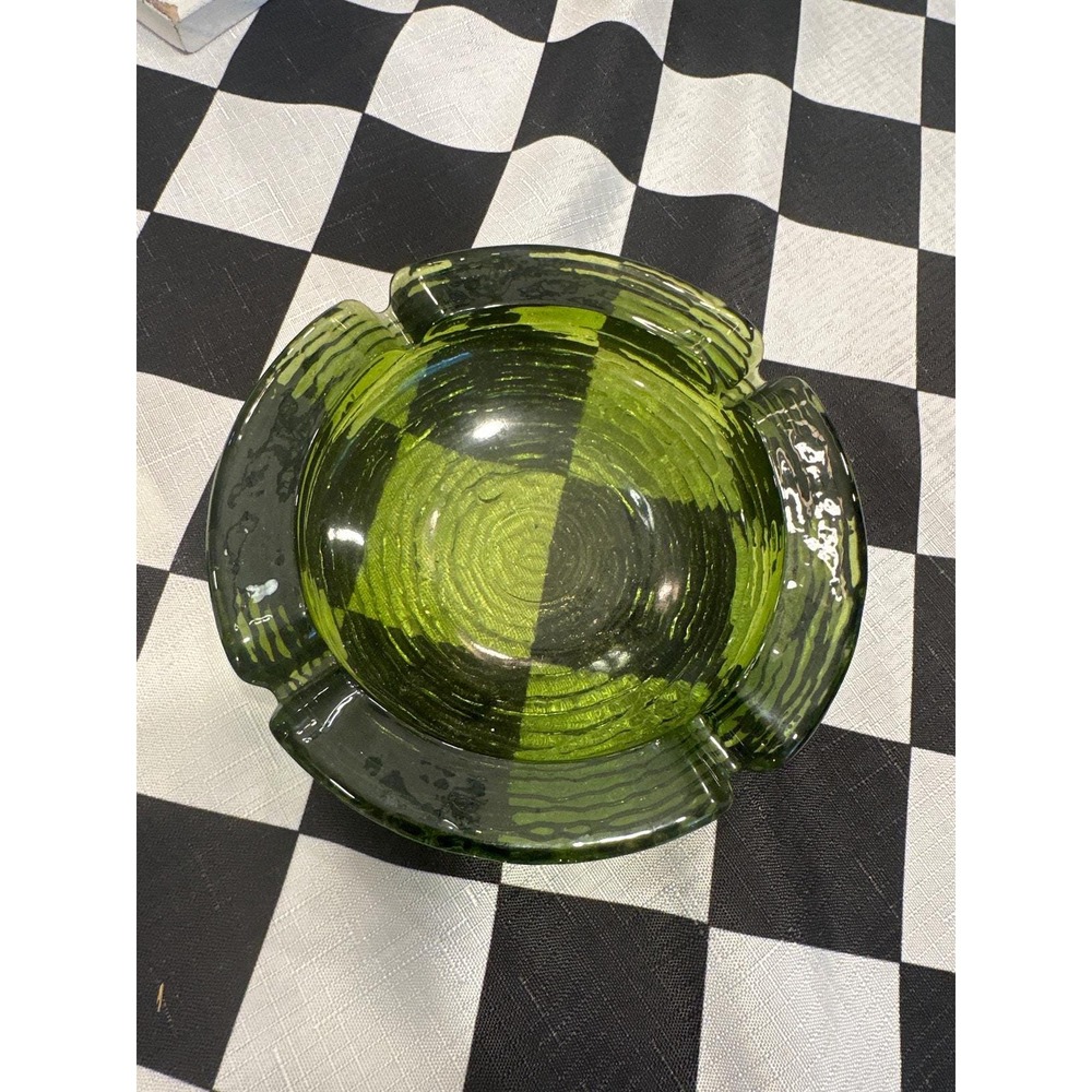 Vintage Anchor Hocking Green Glass Pressed Pattern Round Four Notch Ashtray MCM